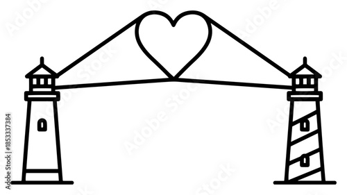 Heart bridge between twin lighthouses – minimalist coastal scene where two beacons connect with love-shaped suspension arch, romantic nautical guidance vector illustration