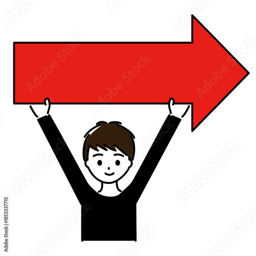 赤い右向きの矢印を持つ笑顔の男子学生