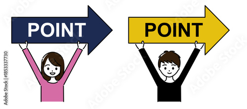 POINTと書かれた右向きの矢印を持つ笑顔の学生セット