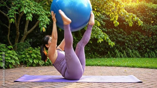 Woman Practices Core Strengthening Exercise with Blue Ball on Yoga Mat Outdoor in Garden Setting Purple Outfit and Lush Greenery for Active Lifestyle