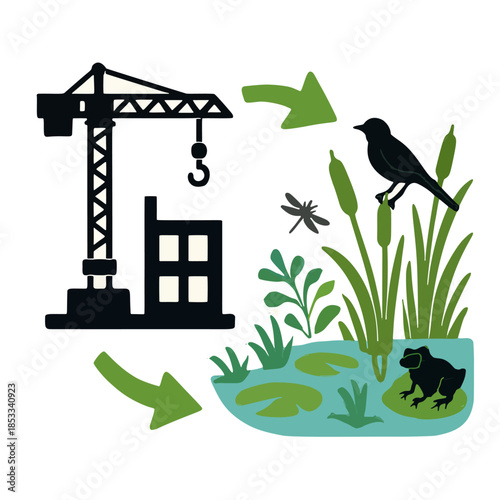 Icon Biodiversity Net Gain: A construction site icon transforming into a flourishing wetland habitat.