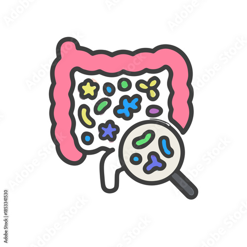 Icon Gut Microbiome Analysis: A stylized intestine with diverse, colorful good bacteria icons.