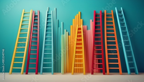 several colorful ladders of varying heights against a light blue background symbolizing career progression growth and different paths to success
