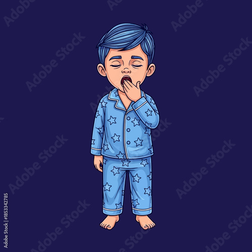 Boy in pajamas with hand on mouth.