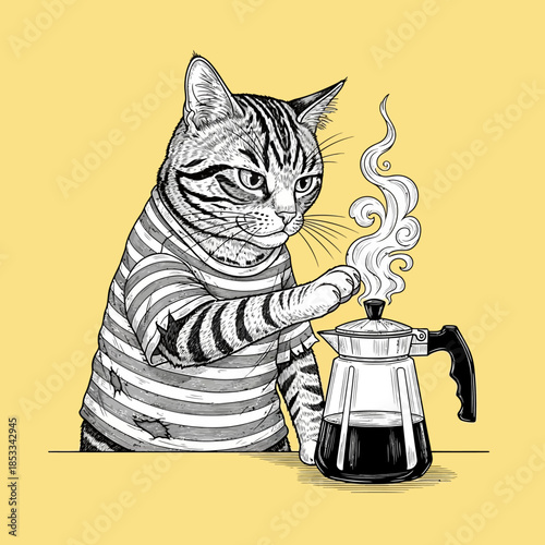 Cat making coffee with espresso machine.