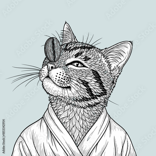 Cat wearing a robe and glasses.