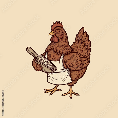 chicken wearing apron holding strainer.
