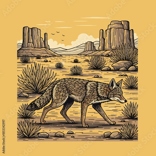 Coyote walking in desert landscape slowly.