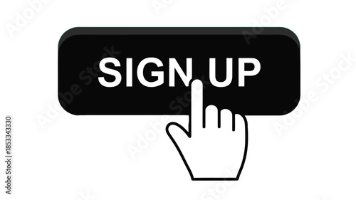 A hand cursor pointing to a black sign up button on a dual tone background