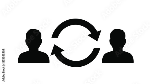 Two silhouetted figures connected by circular arrows symbolizing interaction and communication processes