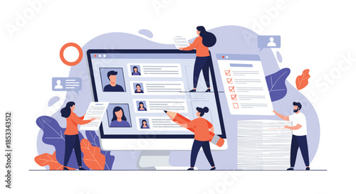 Human resources recruitment platform displays a team of professionals reviewing candidate profiles and resumes on a large computer.