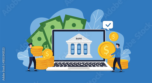 Bank customers carry large golden coins toward a laptop screen showing a bank building to represent digital and mobile banking services.