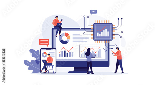 Digital dashboard for business intelligence shows a computer chip and data charts being analyzed by a team of professional workers.