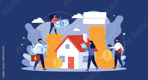 Real estate investment and home ownership concept shows people placing money into a house model surrounded by gold coin stacks.