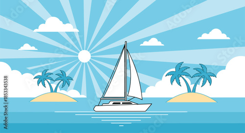 Tropical seascape illustration features a white sailboat navigating calm blue waters between small islands with green palm trees.