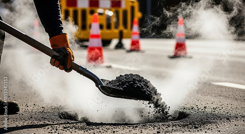 Close-up action shot of a road worker using a shovel to fill a pothole with fresh hot black asphalt, steam and smoke rising from the hot tar mixture, worker wearing protective safety gloves, blurred 