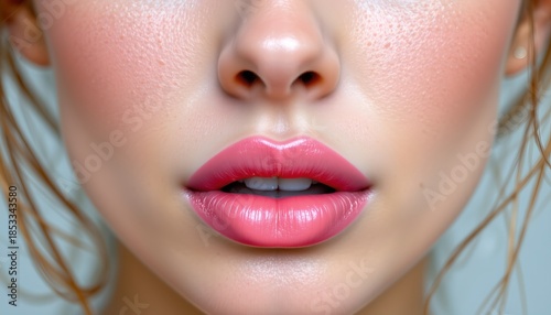 subjects pastel pink lip gloss covered lips positioned at the bottom of the frame, leaving plenty of clear copy space at the top for photos, minimalist design.