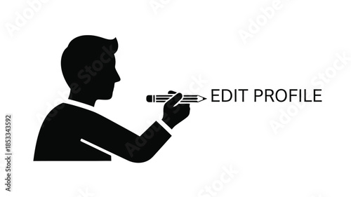 Silhouette of a person pointing towards text that reads edit profile on a white background