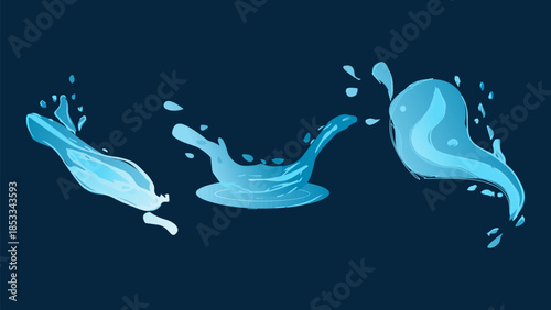 Dynamic liquid water splash with falling droplet, crashing sea wave and swirling eddies. For advertising web design or marketing visuals. Vector illustration.
