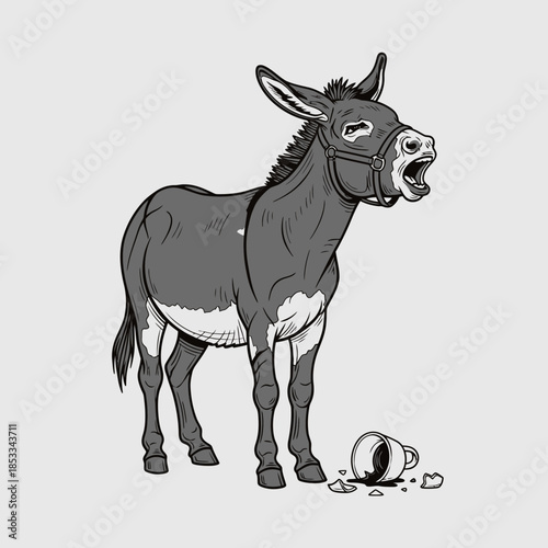 Donkey with open mouth standing alone.