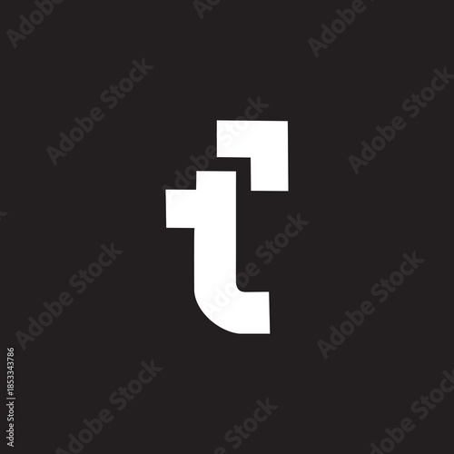 A sleek and professional typographic logo design where the letter "t" is constructed from bold, blocky shapes. The top of the letter is fragmented into separate geometric components—a square and an L-