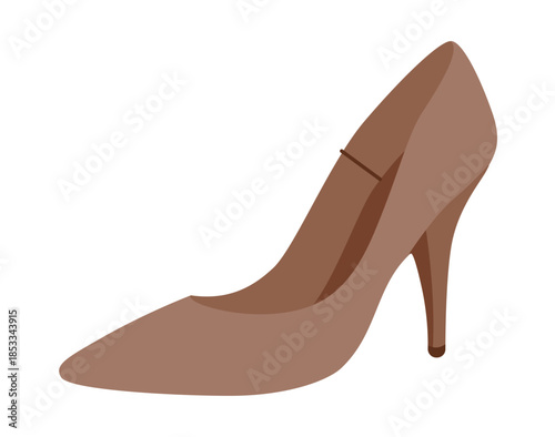 Pointy pump women brown heel flat shoe. Sharp toe elegant dress footwear for office, wedding, cocktail, date night. Technical illustration, CAD mockup, rich vector men unisex isolated classy style.