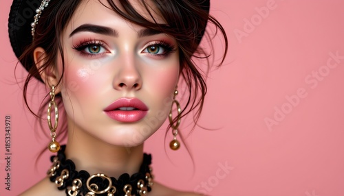 steampunk style subject wearing pastel pink lip gloss positioned on the left side with rose gold tones, providing clear copy space on the right for photos, product photography studio.