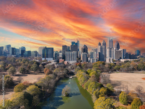Obraz na plátně Atlanta, Georgia USA - 12 15 2025: A crisp aerial drone photograph of the Atlanta skyline rising above Piedmont Park on a clear day