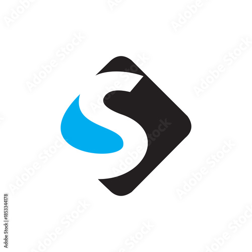 A sleek typographic mark where a bold, white letter "S" is positioned over a dark, tilted square background.