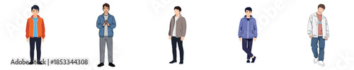 Casual Men Streetwear Flat Vector Characters Set Trendy Modern Style