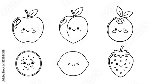 Soft Pastel Fruit Expressions-Cute fruit icon set in soft pastel color palette featuring apple, peach, blueberry, kiwi, lemon and strawberry