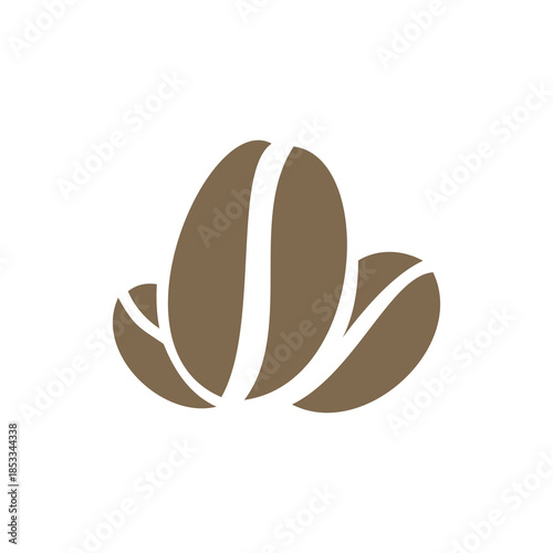 A stylized graphic representing three roasted coffee beans. The central bean is positioned vertically, while the two surrounding beans are angled outward, creating a balanced, symmetrical composition.