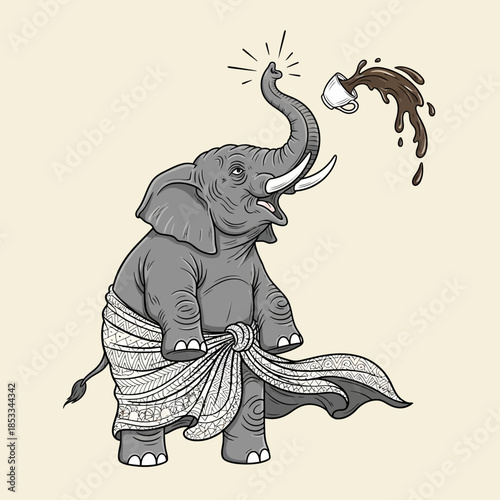 Elephant in cloth spilling coffee.