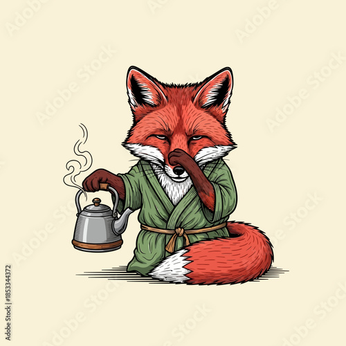 Fox in green robe holding kettle.