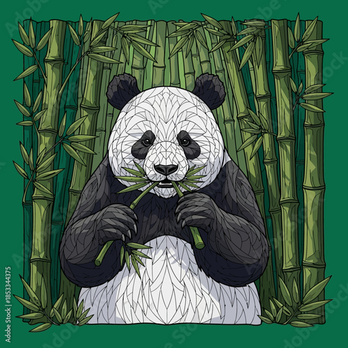 Giant panda eating bamboo leaves.