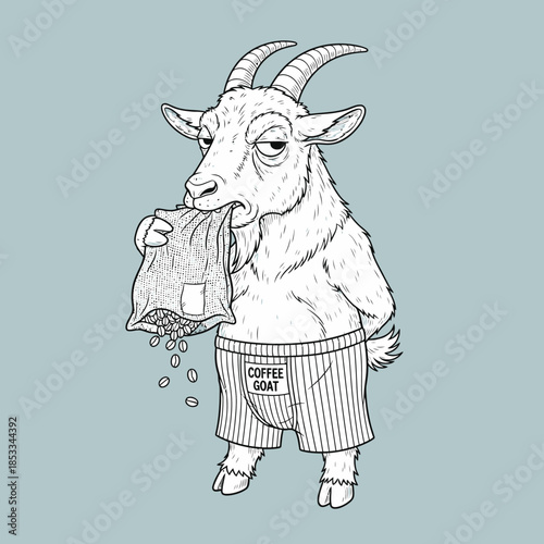 Goat wearing boxer shorts drinking coffee.