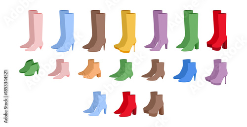 High heel boots women color pair. Tall shaft with elegant stiletto for cocktail, special occasion. Technical fashion illustration CAD mockup soft vector men unisex isolated contemporary style.