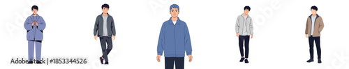Young Man Casual Outfit Flat Vector Illustration Set Modern Style