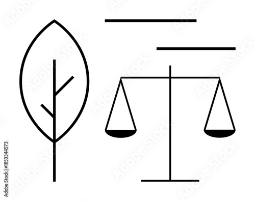 Minimalist balance scale alongside a stylized leaf outline conveys harmony between justice and ecological responsibility. Ideal for ethics, sustainability, environment, law, balance, fairness