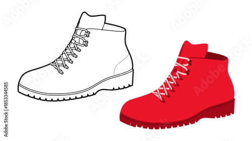 Red light hiking boot women color plus line set. Clean lace utility boot for footwear guide branding project. Technical fashion illustration CAD mockup mixed vector man unisex isolated stylish style.