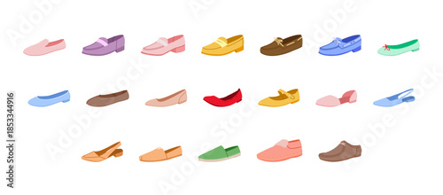 Color flat shoe single set. slingback, ballet flat, Mary Jane espadrille slip on, loafer styles for woman man unisex. Fashion footwear playful palette, flat vector illustration for pattern design.