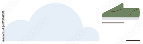 Light blue cloud and green sneaker create contrast highlighting velocity and creativity. Ideal for speed, creativity, minimalism, innovation, concepts, agility, modern design. Simple flat metaphor