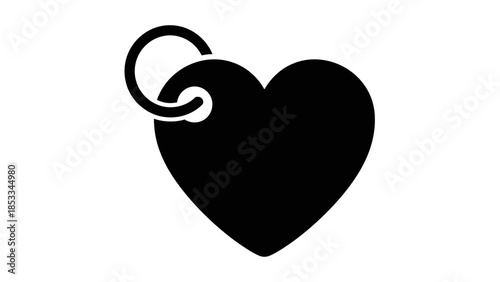 A simple black silhouette of a heart-shaped tag attached to a keyring, isolated on a white background.