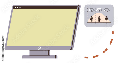 Desktop screen next to distribution chart with human figures and percentage brackets. Ideal for data analysis, statistics, demography, research, technology, business strategy, simple flat metaphor