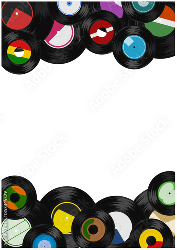 上下にレコードを並べたボーダー型の音楽フレーム背景｜Vinyl record border frame background