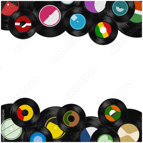 上下にレコードを並べたボーダー型の音楽フレーム背景｜Vinyl record border frame background