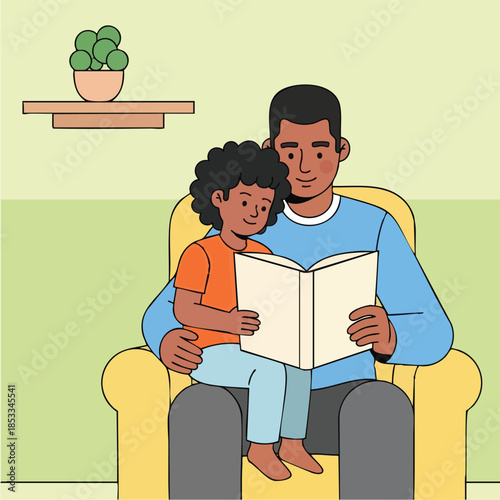 Father reading a book with his child on his lap in a cozy living room