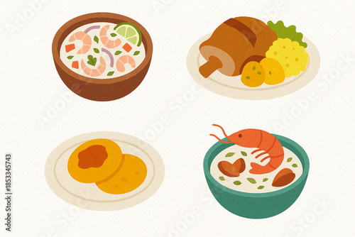 Ecuadorian Cuisine Icon Set with Ceviche, Hornado, Llapingacho, Bolón de Verde and Encocado in Vector