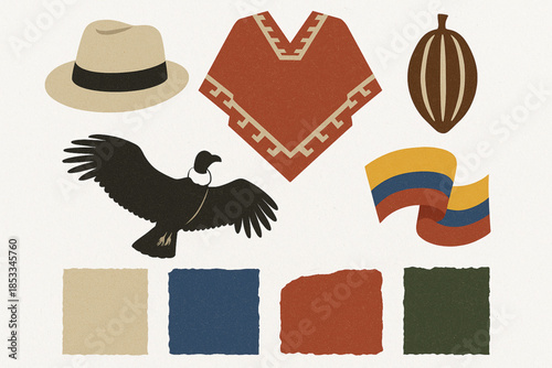 Ecuadorian Culture Icon Set with Panama Hat, Poncho, Cacao and Condor in Geometric Vector