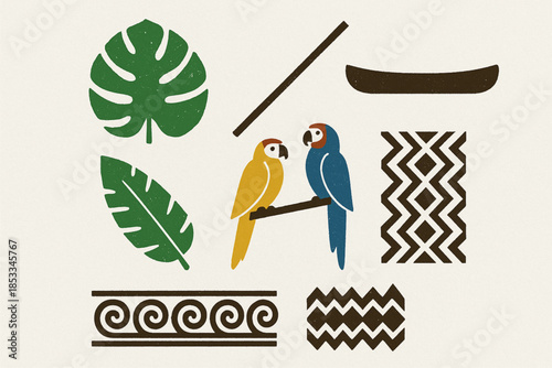 Ecuadorian Amazon Icon Set with Rainforest Leaves, Blowgun, Canoe, Parrots and Tribal Patterns in Vector